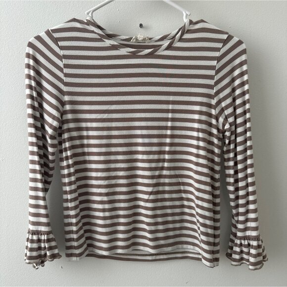 Finding Foxtale Girls 10 Brown & White Striped Long Sleeve Top Fossil Stripe Tee - Picture 1 of 3